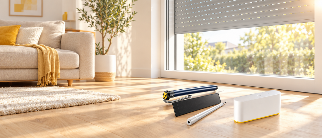 Helles Wohnzimmer mit Rollladen, Somfy RS100 Solar io Motor mit Solarpanel und TaHoma switch