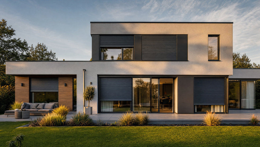 Anthrazitfarbene Aluminium-Rollläden an moderner Hausfassade bei Tageslicht