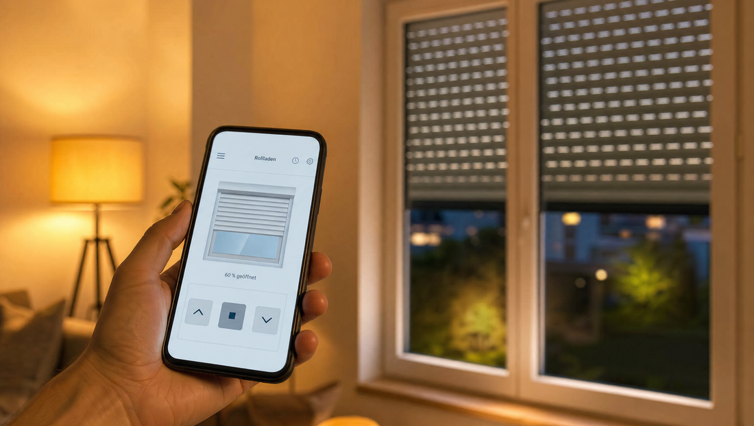 Hand bedient Smartphone-App zur elektrischen Rollladensteuerung am Fenster